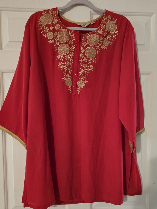 Tops - Asha Embroidered Red Women's Tunic Top